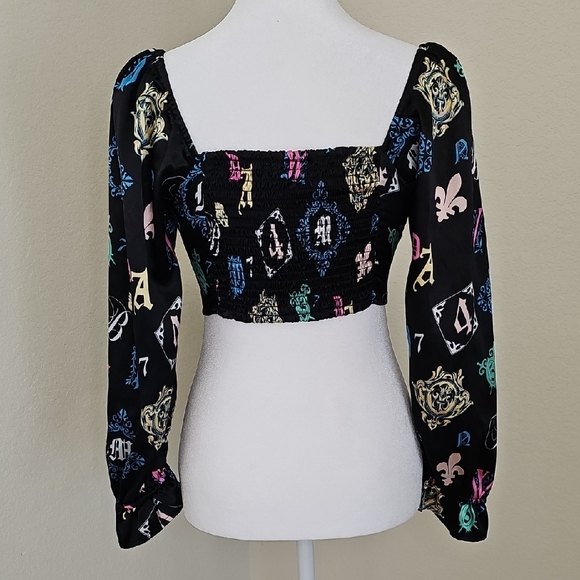 O.L.M Corset style Satin Black, Multicolor Crop Top Long Sleeve Size S - Picture 4 of 8